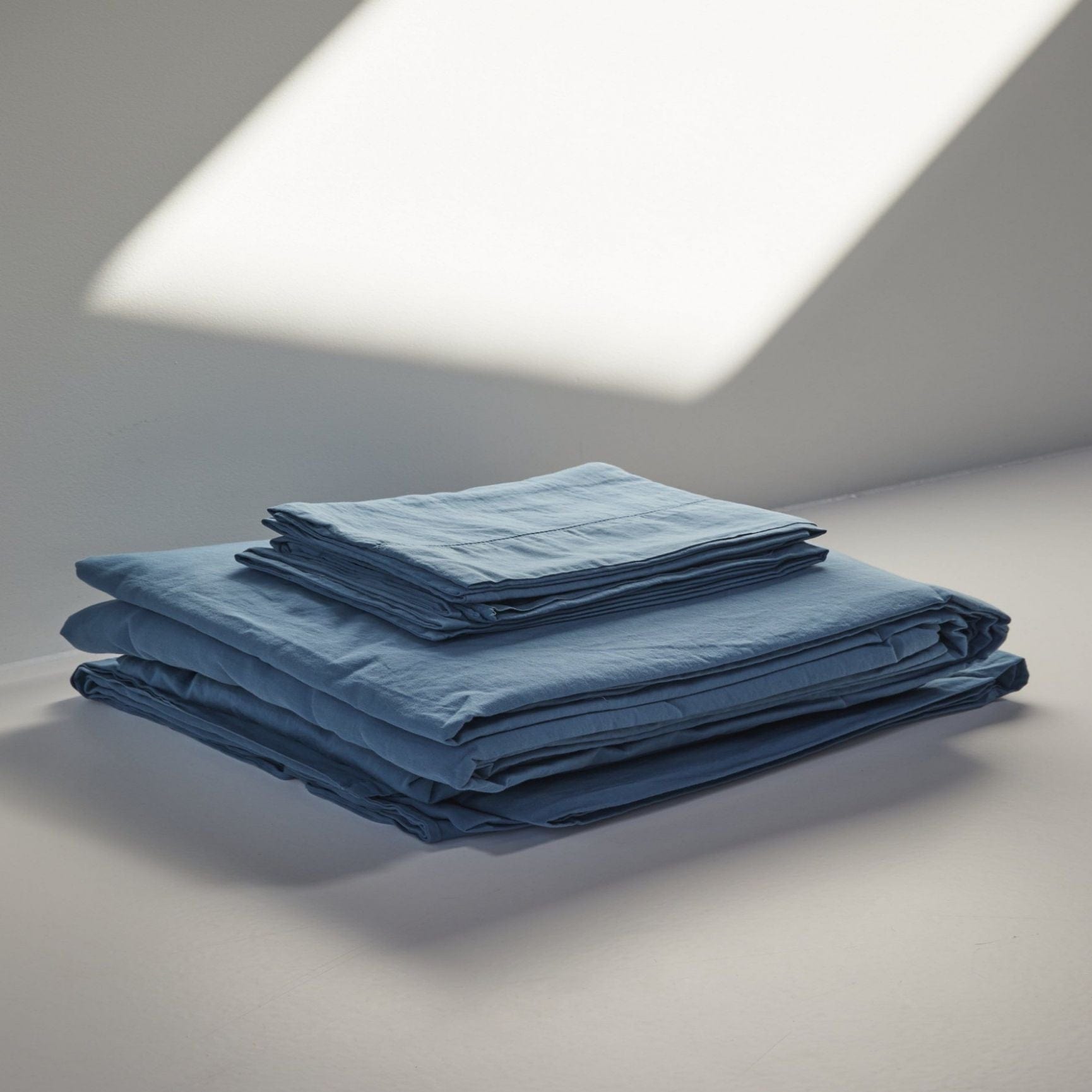 blue organic cotton sateen sheet set
