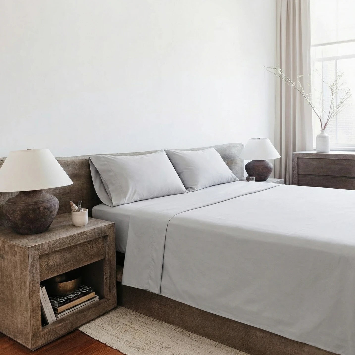 Cannoli Cream sheet set bedroom lifestyle — GOTS-certified organic cotton percale