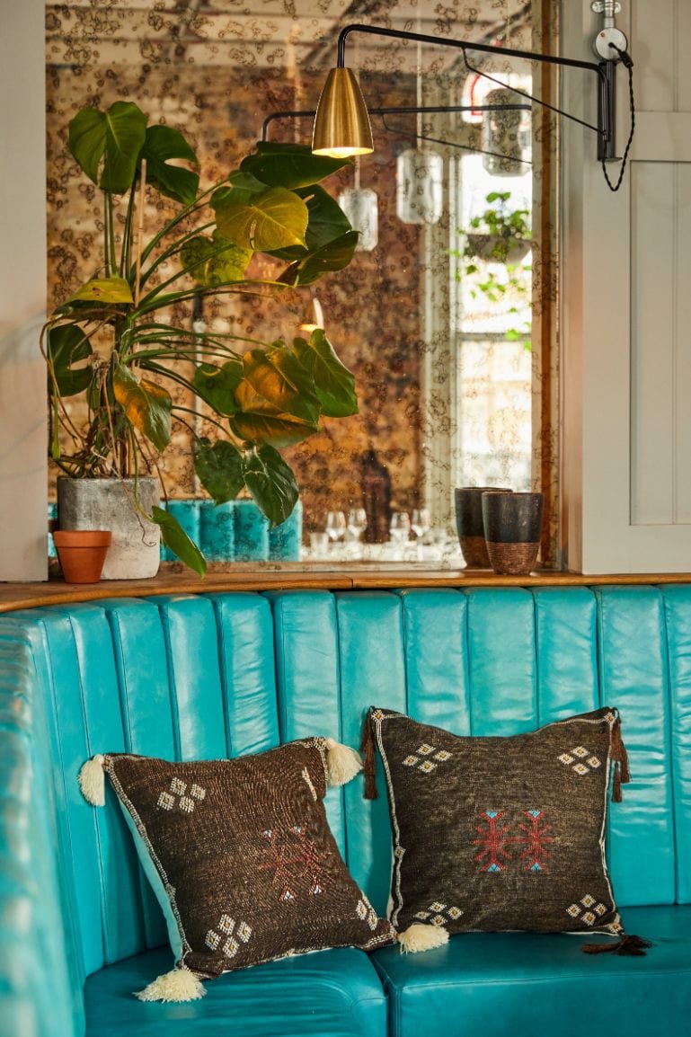 two cactus silk pillows on turquoise seating 