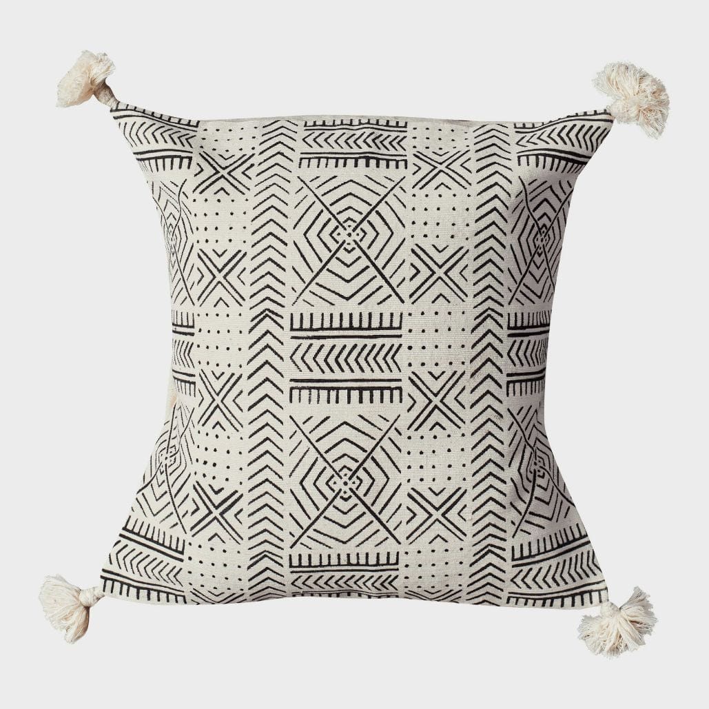 Mudcloth Throw Pillow, Cotton, 18x18, Black & White, Decorative